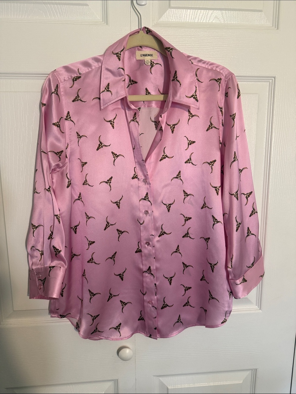 L'AGENCE Pink Satin Printed Button-Up Blouse